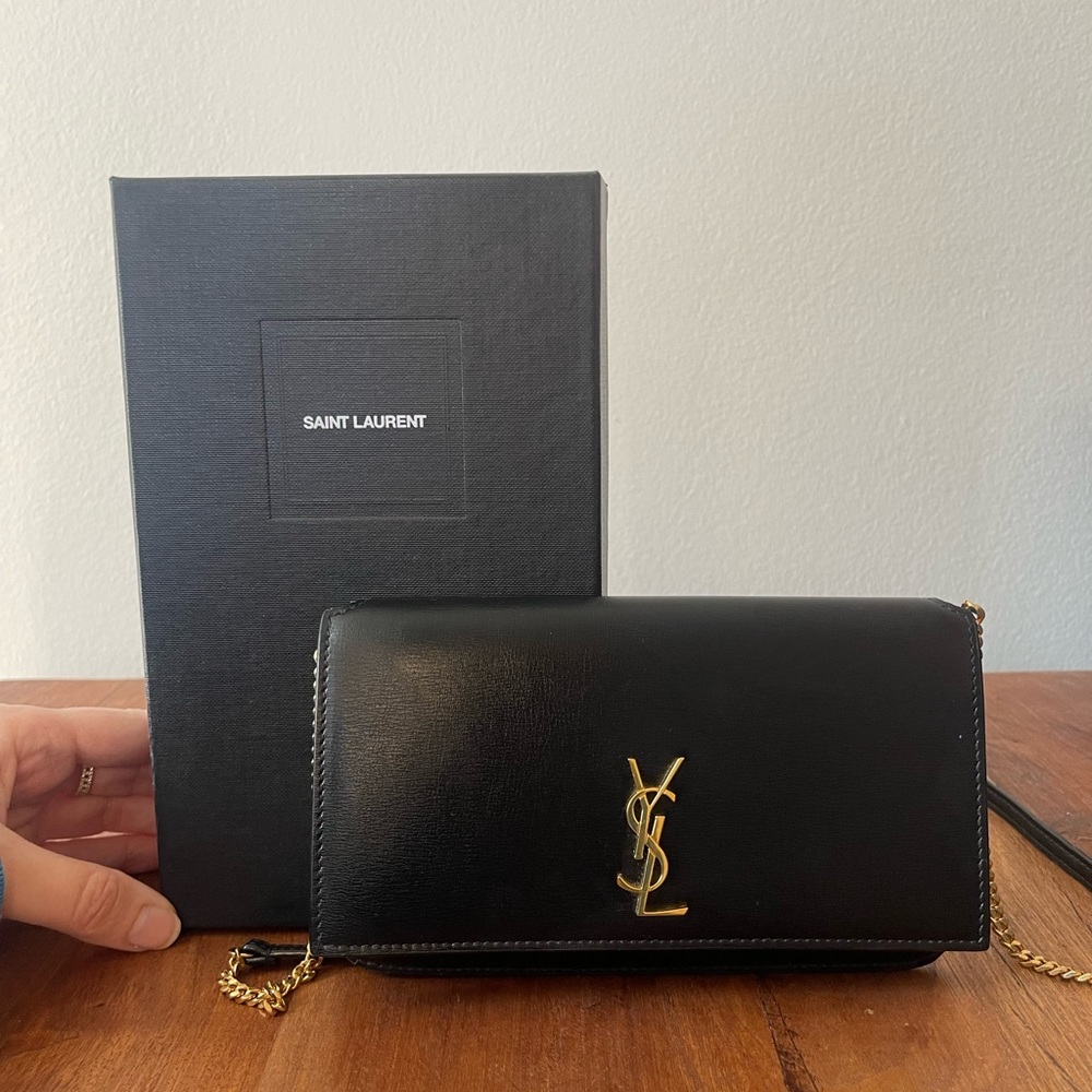 SAINT LAURENT Cassandre Phone Holder with strap in smooth leather